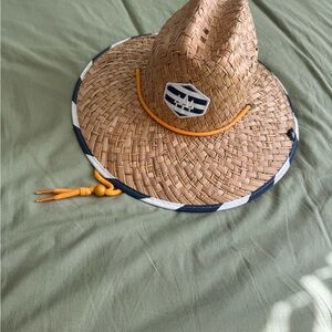 Straw Sun Hat with Navy Striped Trim and Yellow Chin Cord